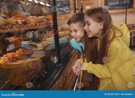 Cute Children Buying Bread At Local Bakery Stock Photo Image Of