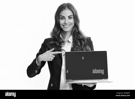Beautiful Smiling Business Woman Over Grey Background Using Laptop