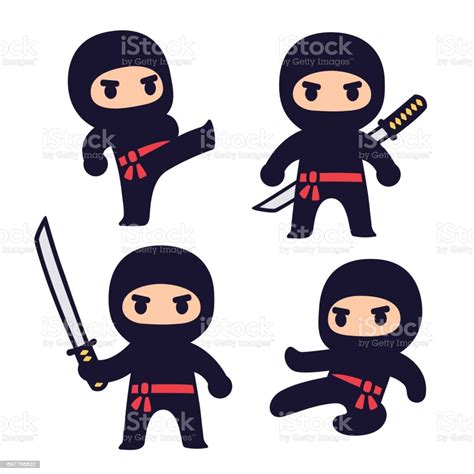 Cute Cartoon Ninja Set Stock Illustration Download Image
