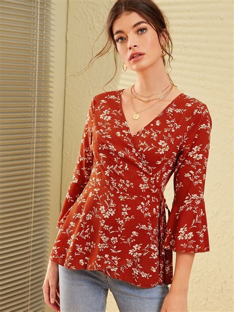 Ditsy Floral Tie Side Wrap Blouse Boho Wraps Blouses For Women Wrap Blouse