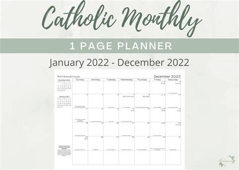 2022 Catholic Calendar Printable Monthly One Page Catholic Etsy