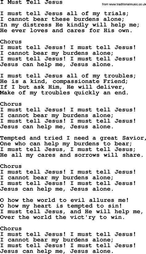 Baptist Hymnal, Christian Song: I Must Tell Jesus- lyrics with PDF for