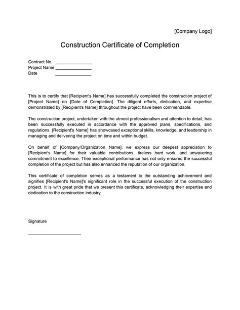 Construction Certificate Of Completion Templates