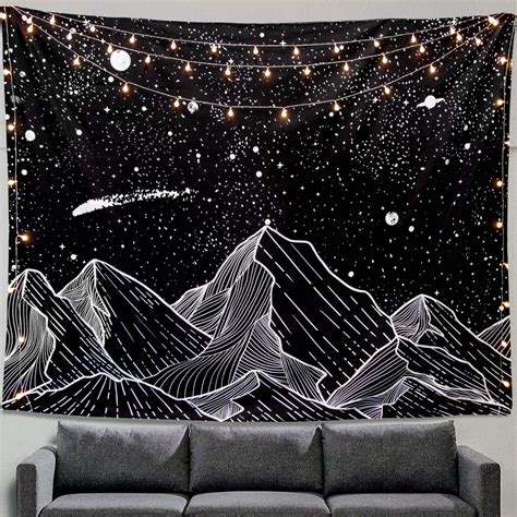 Black And White Mountain Meteor Wall Tapestry Room Tapestry Moon