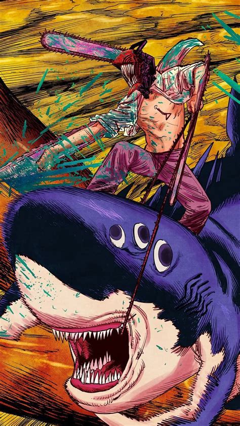 Chainsaw Riding Shark Anime Artwork Wallpaper Man Wallpaper Cool