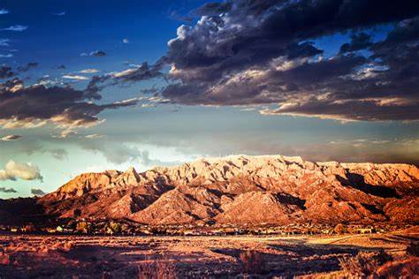 Sandia Mountains With Beautiful Dramatic Towering Clouds Stock Photo