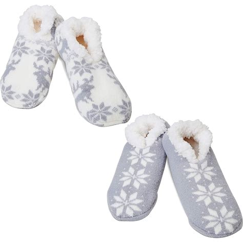 Zodaca 2 Pair Us 8 10 Faux Fur Snowflake Slip On Indoor Slippers Soft