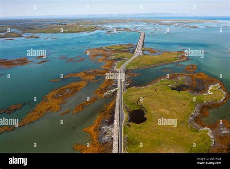 Aerial View From Drone Of Benbecula Road Causeways Crossing Estuaries