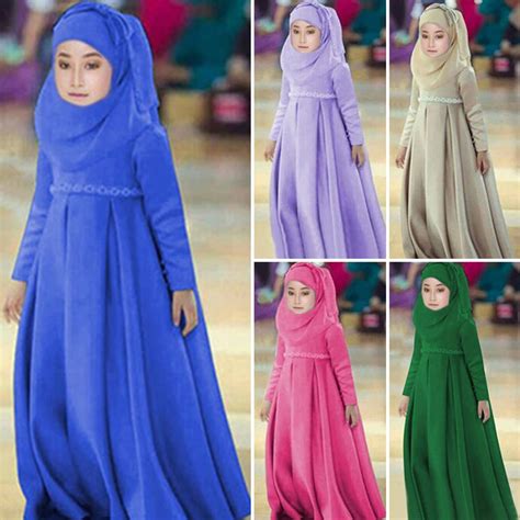 3pcs Muslim Traditional Costumes Kids Girls Hijab Dress Solid Islamic