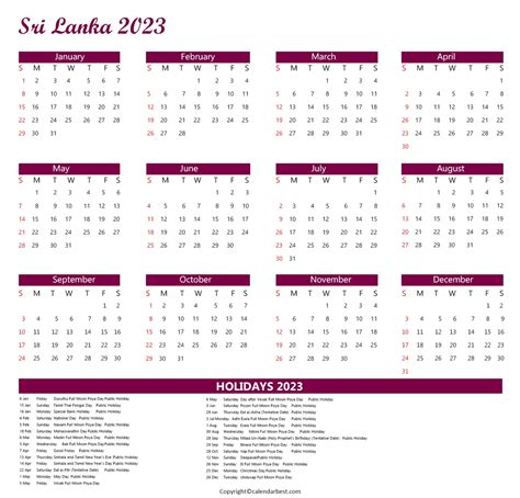 Sri Lanka Calendar 2023 With Holidays Download In Pdf