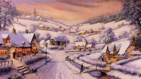 Painting Winter Snow Houses Road Trees People