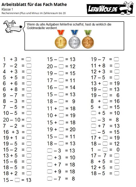 Nummern lernen, addition und subtraktion mit oder ohne bilder, größenvergleich, muster zeichnen und geometrie. Übungen Mathe Klasse 1 kostenlos zum Download - lernwolf.de