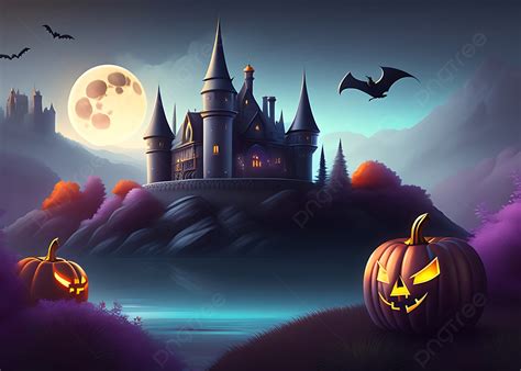 Haunted House Halloween Background With Scary Pumpkins Haunted House