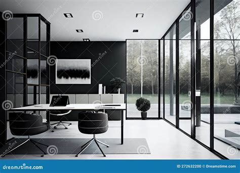 Modern Minimalist Office With Sleek Furniture And Glass Walls Stock