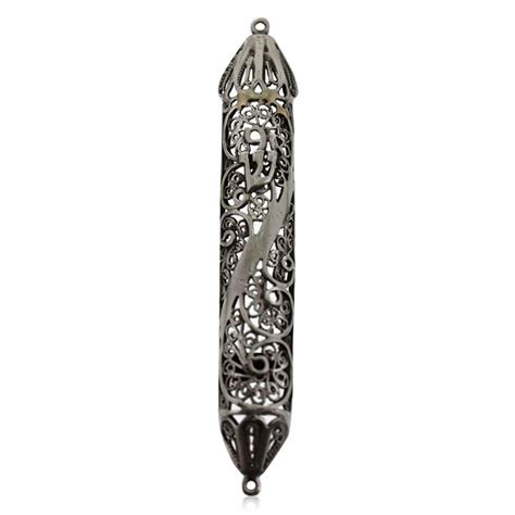 Sterling Silver Mezuzah With Tapered Edges Scrolling Lines And Hebrew Text
