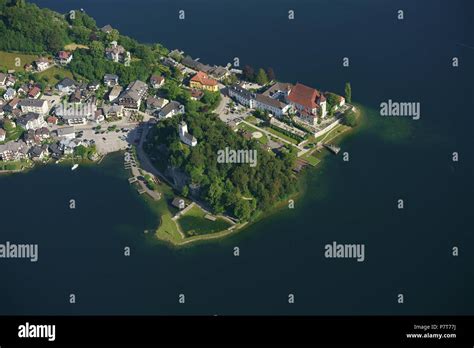 Aerial View Picturesque Village Of Traunkirchen On The Lakeshore Of