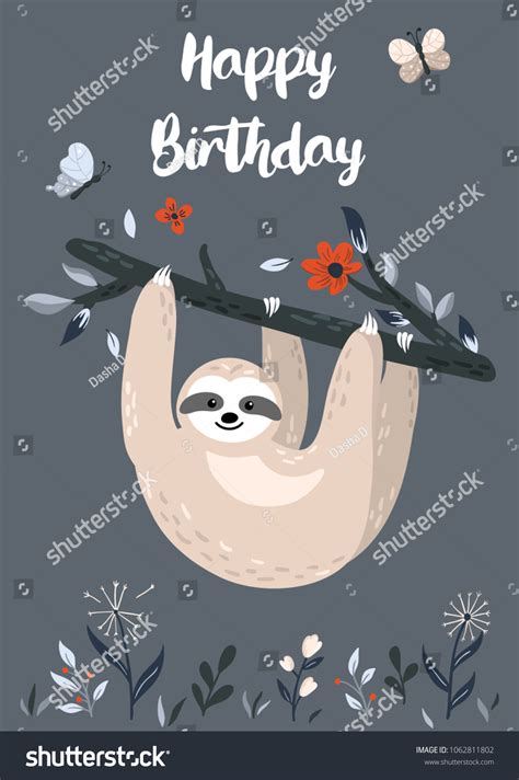 Happy Birthday Design Cute Baby Sloth Vetor Stock Livre De Direitos