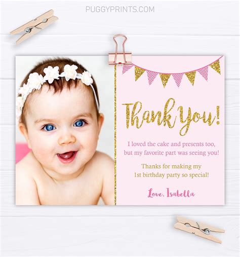 Pink And Gold Birthday Thank You Card With Photo Editable Etsy In