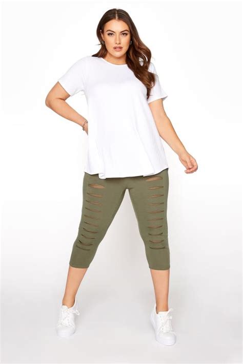 Khaki Green Ripped Mesh Insert Cropped Leggings Yours Clothing