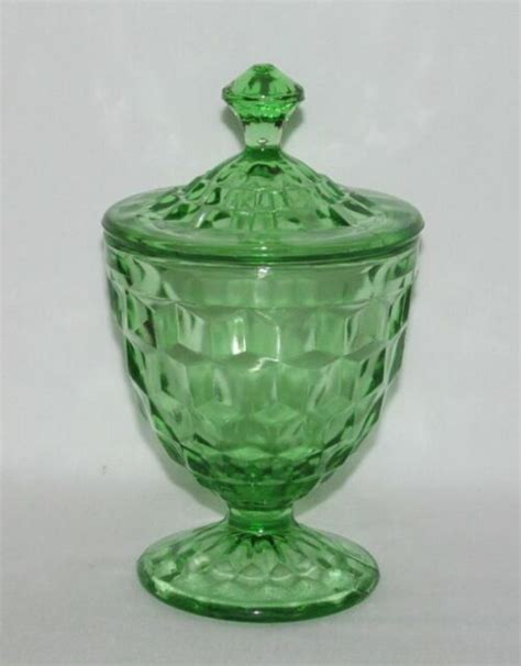 Jeannette Glass Co Cube Cubist Green Footed Candy Dish With Cover Ebay