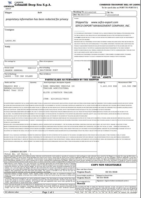 Please review the form as some fields require your attention. BILL OF LADING (redacted) 2018