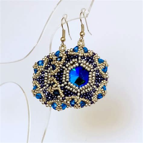 Royal Blue Crystal Round Earrings Navy Blue Seed Bead Etsy