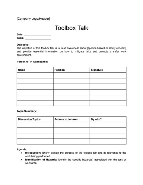 Printable Toolbox Talk Template Simplify Will Next Safety Meeting