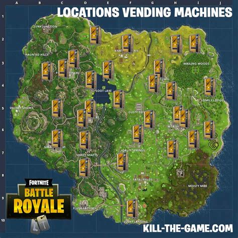 Added throughout the map, the various vending machine locations allow you to purchase loot from their rotating roster to help keep. locations-map-vending-machines-fortnite