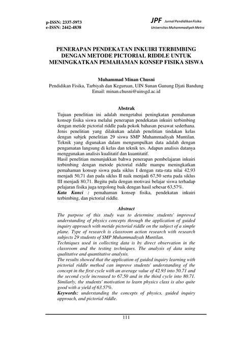 Pdf Penerapan Pendekatan Inkuiri Terbimbing Dengan Metode Pictorial