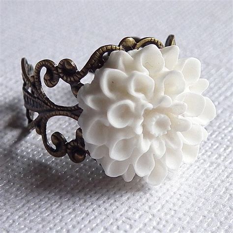 White Flower Ring Dahlia Flower Antiqued Brass Filigree Etsy White