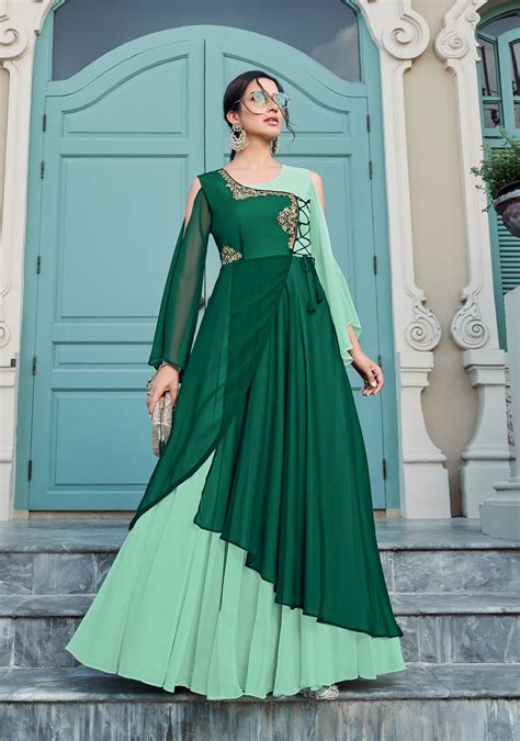 Green And Sea Green Georgette Heavy Thread Zari Sequance And Hand Work Gown Brithika Luxury