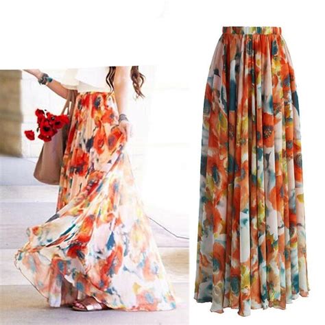 Bohemian Floral Chiffon Printed Maxi Skirt Casual Summer Skirt Maxi