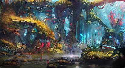 Forest Fantasy Drawing Lake Digital Trees Painting