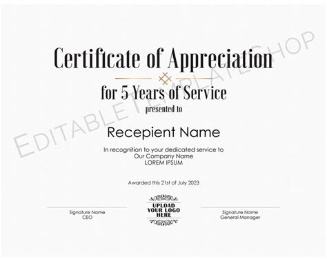 Editable 5 Years Of Service Certificate Of Appreciation Etsy