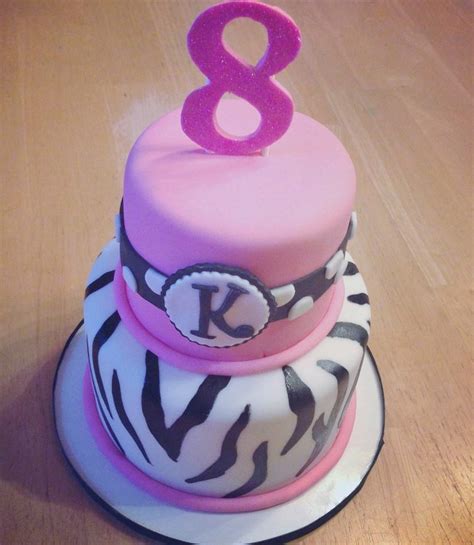 2 tier pink and zebra stripe birthday cake for eight year old girl with pink 8 topper hi res