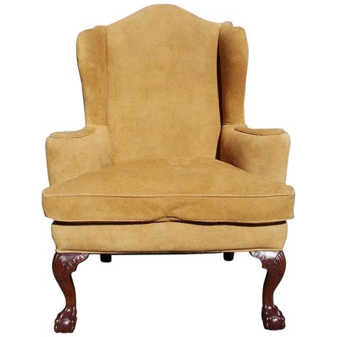 English Chippendale Mahogany Upholstered Ball And Claw Wing Back Chair