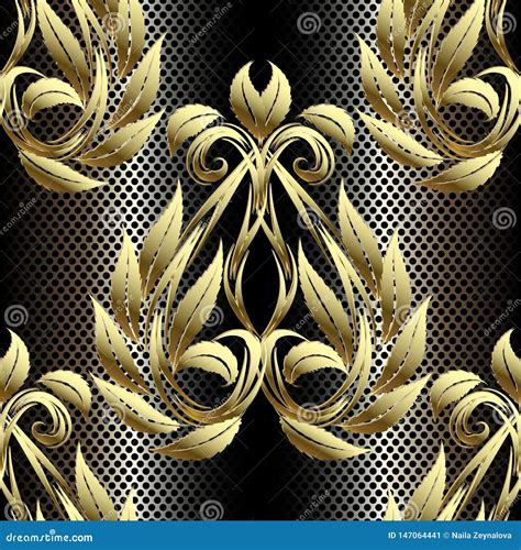 Gold 3d Baroque Vintage Seamless Pattern Damask Ornamental Grid