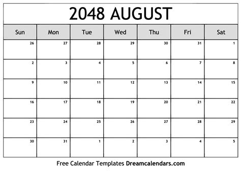 August 2048 Calendar Free Blank Printable With Holidays