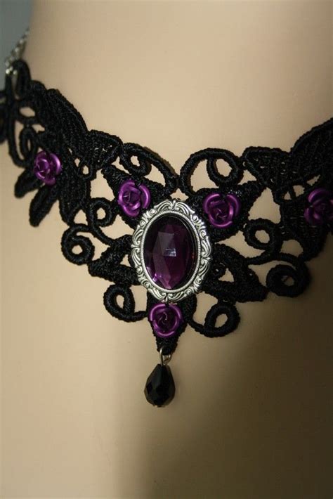 Gothic Choker Black Lace With Purple Roses And By Poppenkraal 2990