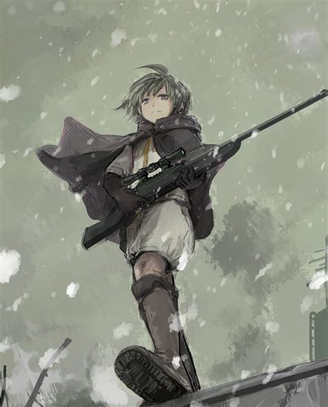 Amatori Chika Anime Anime Art Anime Girl Black Hair Boots Cape Gun Rifle Snowing Weapon World