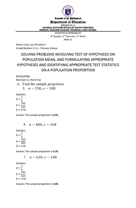 Solution Solving Problems Involving Test Of Hypothesis On Population