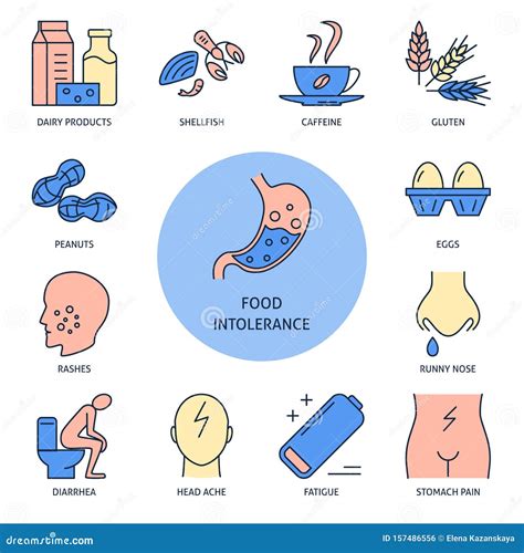 Food Intolerance Symptoms And Products In Line Style Stock Illustration