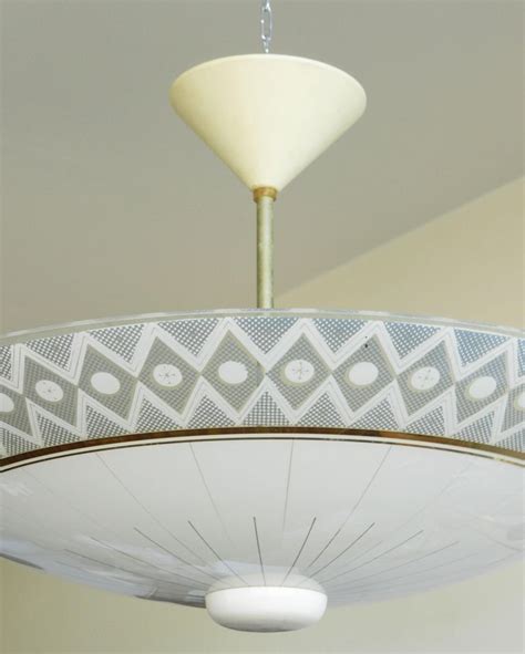 Mid Century Light Patterned Glass Pendant Chandelier French C1950 For