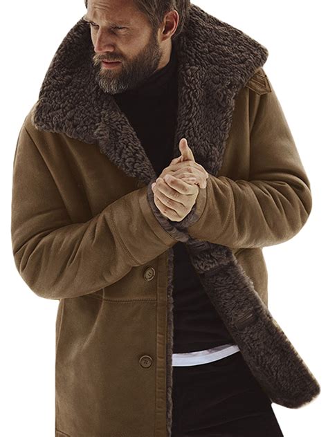 Mens Winter Warm Lined Trench Coat Lapel Casual Fluffy Fur Fleece Parka