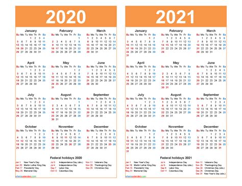 2020 And 2021 Calendar Printable Word Pdf