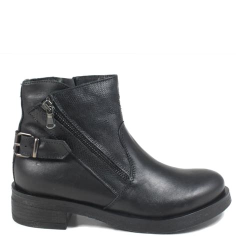 Low Ankle Womens Biker Boots Black In Genuine Leather