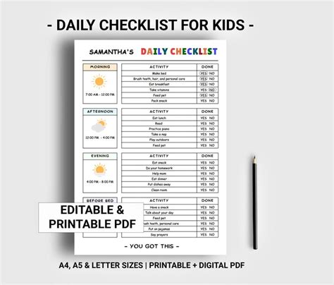 Kids Daily Checklist Printable Editable Personalized Chore Etsy