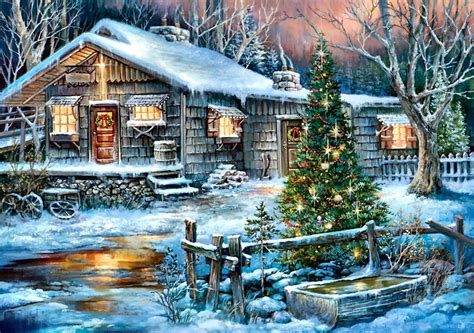 House Covered Snow Beside Christmas Tree Hd Wallpaper Wallpaper Flare