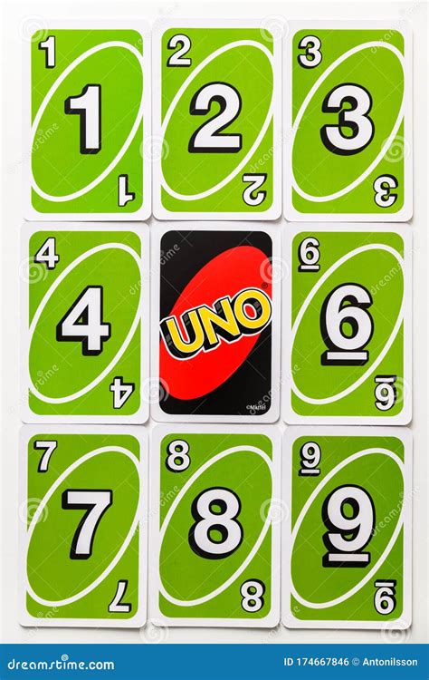 Green Uno Card Game Cards Arranged Symetrically With On Reversed Card