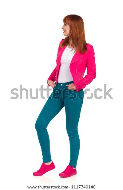 Young Woman Pink Unbuttoned Jacket Green Stock Photo 1117740140